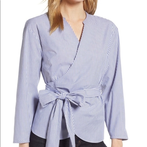 J. Crew Tops - J.Crew Blue Stripe Wrap Top Size Petite Large
